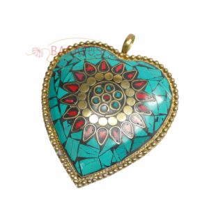 Tibetan pendant heart 75×60 mm turquoise, brass, red