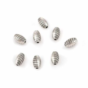 Metal bead olive 9 x 6 mm ribbed pattern silver