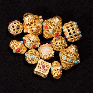 Nepal bead, filigree 9×10 mm metal, gold + stone, red and turquoise 1x
