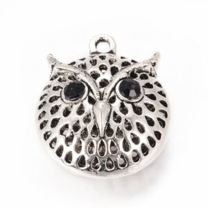 Pendant owl metal, silver / rhinestones 30×25 mm