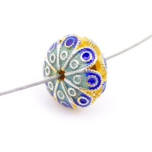 Perle métal fleur émail cloisonné 10×6 mm or bleu