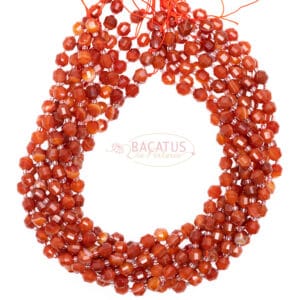 Ribbon agate fancy faceted red 7x8mm, 1 strand