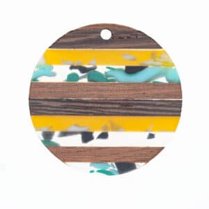 Pendentif bois & résine disque turquoise, jaune 30 x 2,5 mm 1 pièce